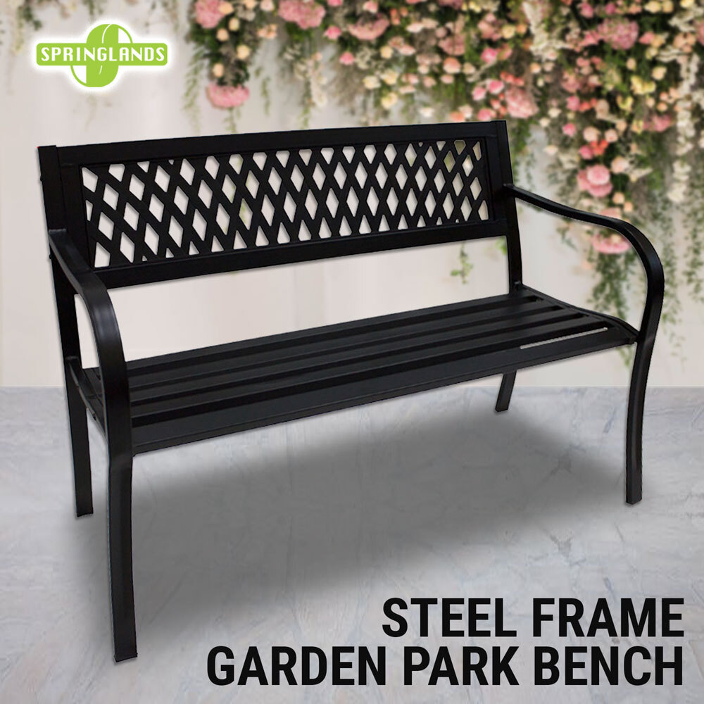 Steel Park Bench W/ Retractable Table Outdoor Garden Patio Loveseat Backyard