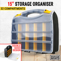 Double Sided Storage Organiser Plastic 15" W/ 32 Compartments Tool Box Case Bin