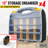 4× Double Sided Storage Organiser Plastic 15" Tool Box 32 Compartments Case Bin