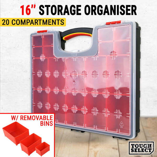 Storage Organiser Plastic 16" W/ 20 Removable Bins Tool Box Case Organizer 