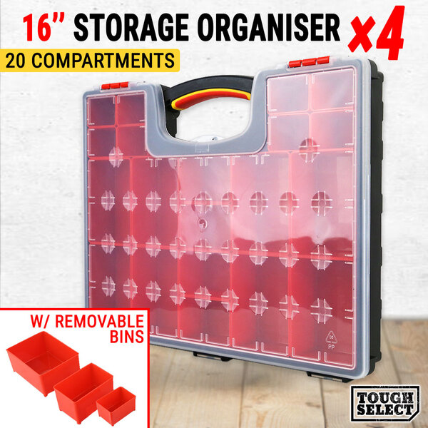 4× Storage Organiser Plastic 16" W/ 20 Removable Bins Tool Box Case Organizer