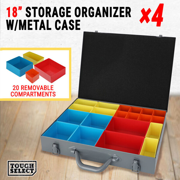 4× Storage Organiser 18" Metal Case 20 Removable Plastic Bins Tool Box Organizer