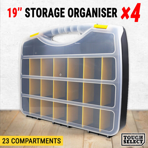 4× Storage Organiser Plastic 19" W/ 23 Compartments Tool Box Case Organizer Bin